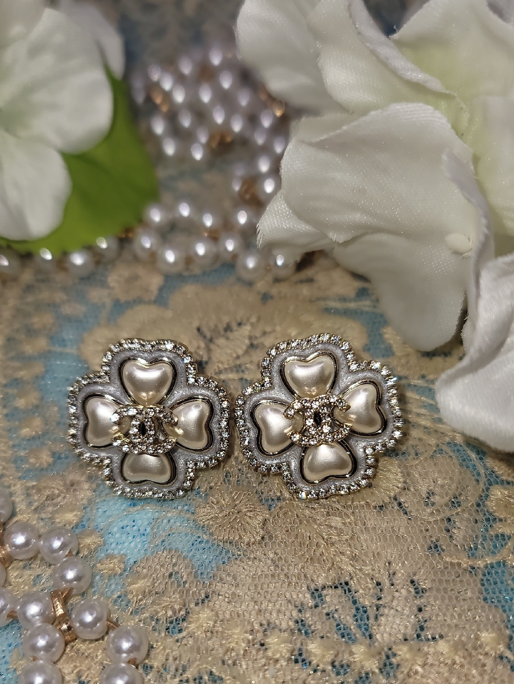 CHANEL Cream Pearl-Effect Flower Earrings with Gold & Crystal Accents